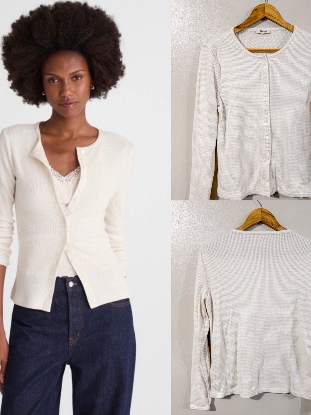 Madewell | Waffle-Knit Cutaway Crewneck Cardigan Minimalist Cream Button Top